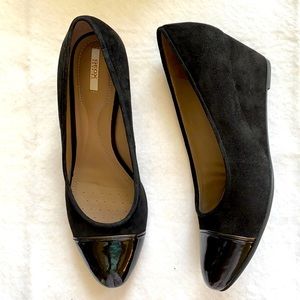 GEOX Respira Black Suede/Patent Wedge Shoes